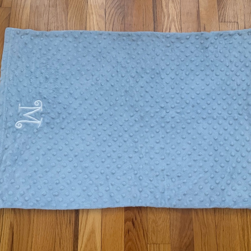 Minky Dot, Baby Blue Pillowcase. Monogrammed ‘M’